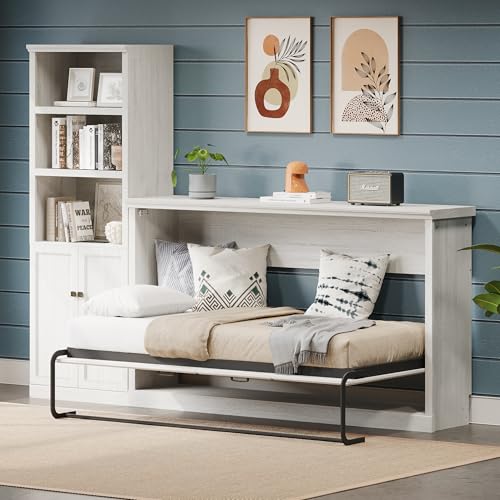 Twin Size Murphy Bed with Storage Bookshelf and USB Charging Station, Folding into a Cabinet, Rustic White H7798