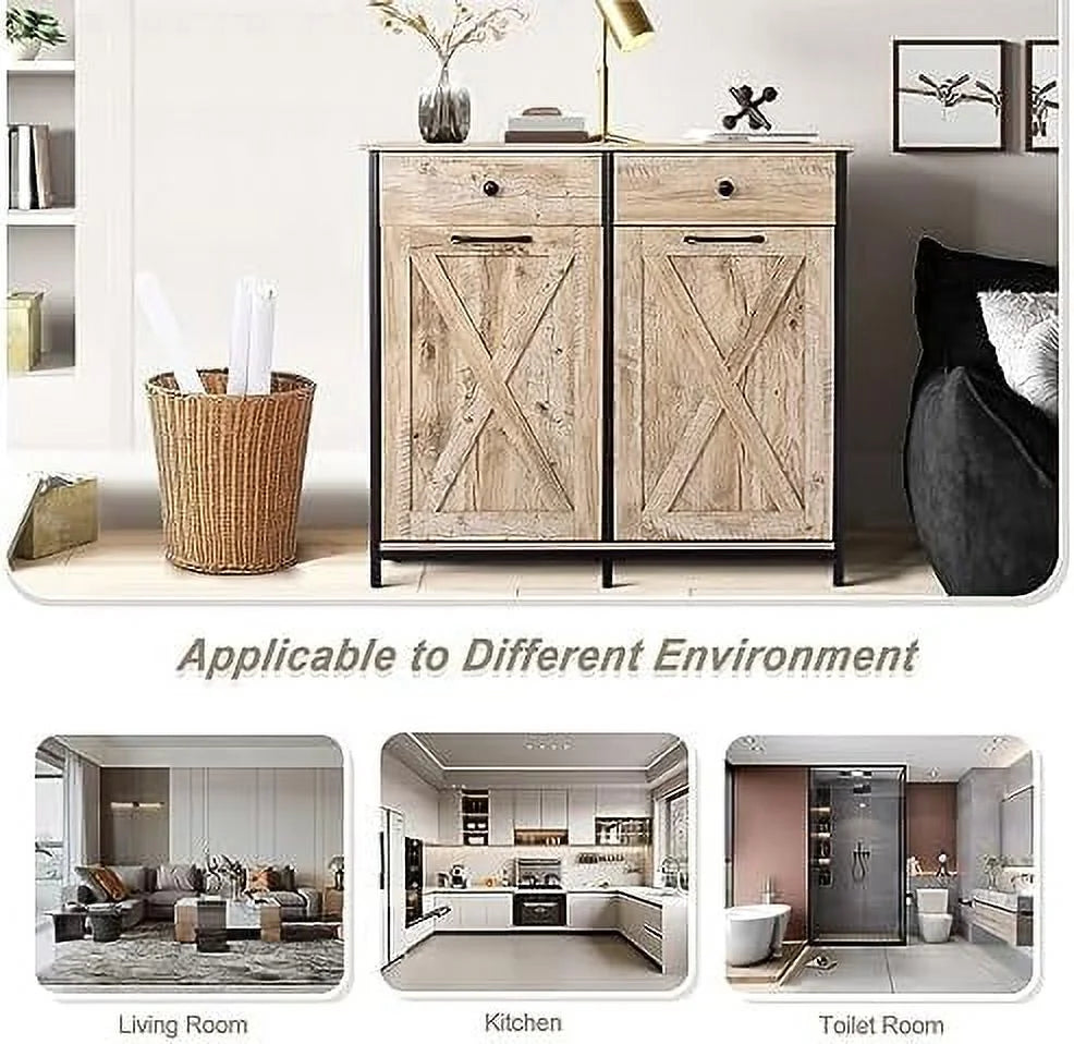 Double Barn Door Style Trash Cabinet with Solid Hideaway Drawer U63316
