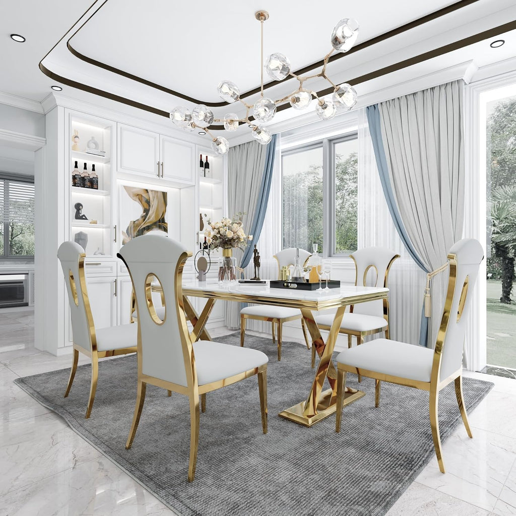 White and Gold 72" Dining Table with Double X-Base M510009