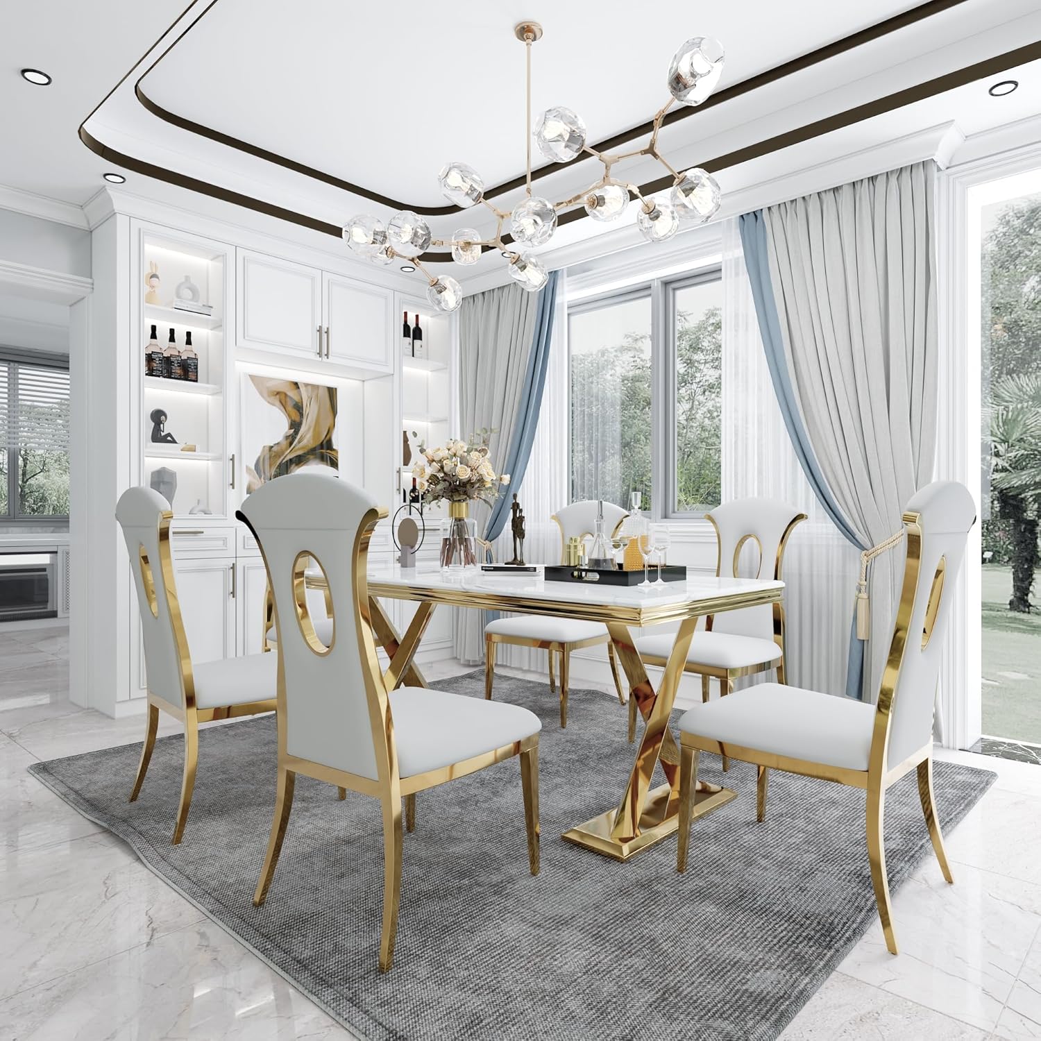 White and Gold 72" Dining Table with Double X-Base M510009
