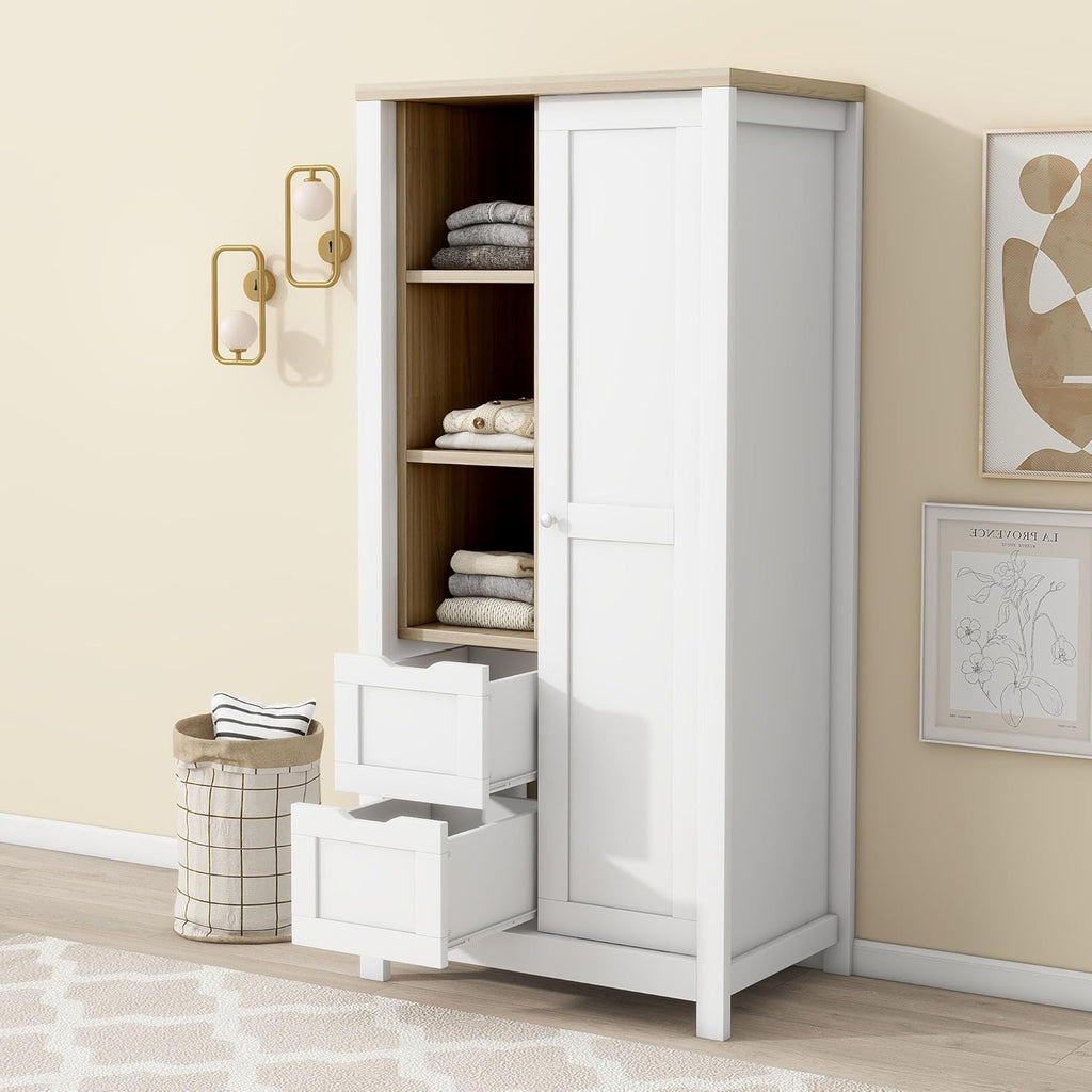 White Wooden Wardrobe Closet with 2 Drawers and Sliding Door W6757