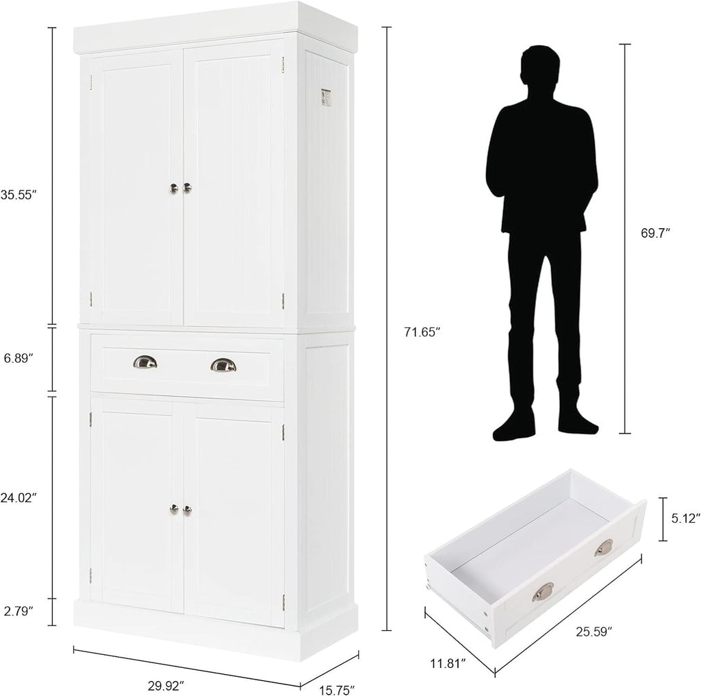 White 72" Tall Wood Pantry Cabinet with Doors and Shelves J689920