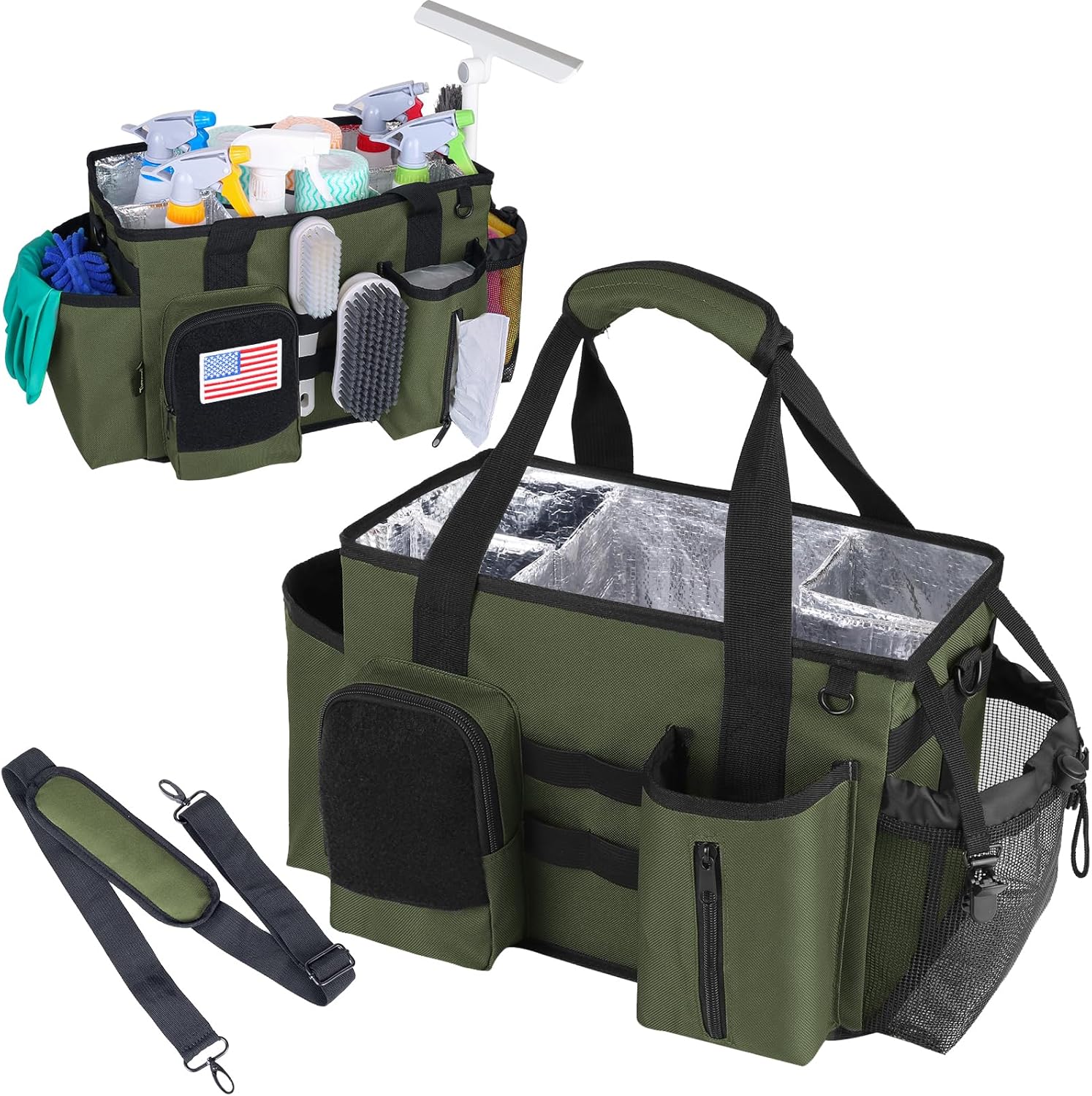 Green Cleaning Caddy Bag with Handles and Adjustable Shoulder Strap A12041