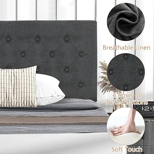 Grey Twin Size Upholstered Platform Bed Frame with Headboard F7953