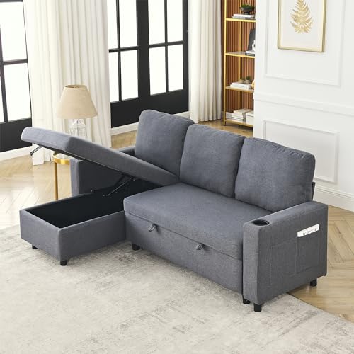 Light Grey Fabric Modular Sectional Sofa with Pullout Bed and Storage Chaise Y300