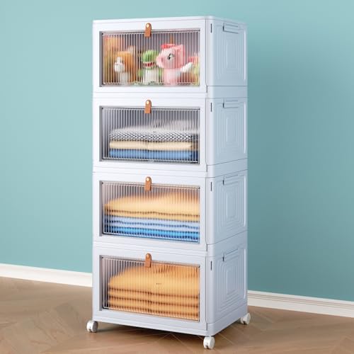 4 Tier Stackable Plastic Storage Bins with Lid and Wheels, 23 QT, Grey J41516