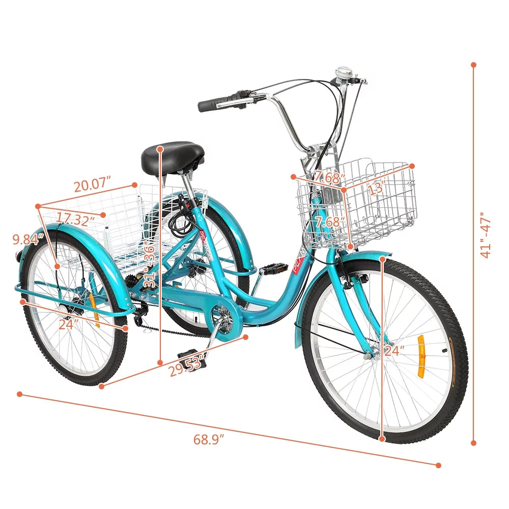 Adult Trike 7 Speed 24/26 Inch Three-Wheeled Cruiser Bike with Folding Front & Rear Basket Adjustable Height Seat R54578