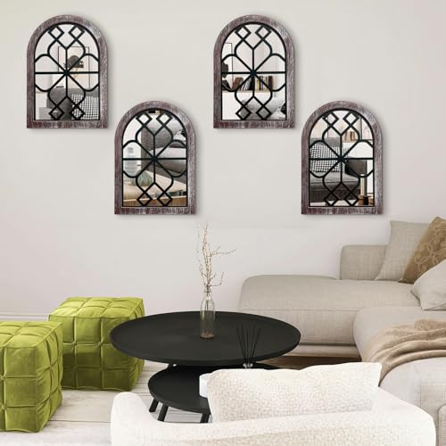 4 Set Arched Window Mirror Wall Decor, Wood Framed Distressed White S11319
