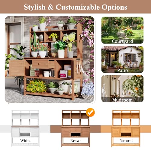 Light Brown Fir Wood Potting Bench with Drawers and Storage Shelves Q38373