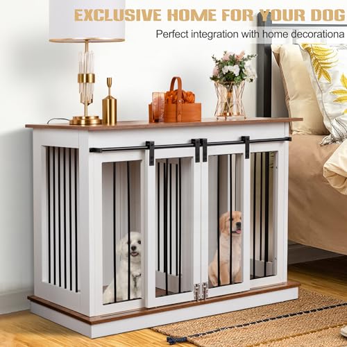 Black 72''W*24''D*35''H Wooden Dog Crate with Room Divider & 3 Drawer Double Doors F488535