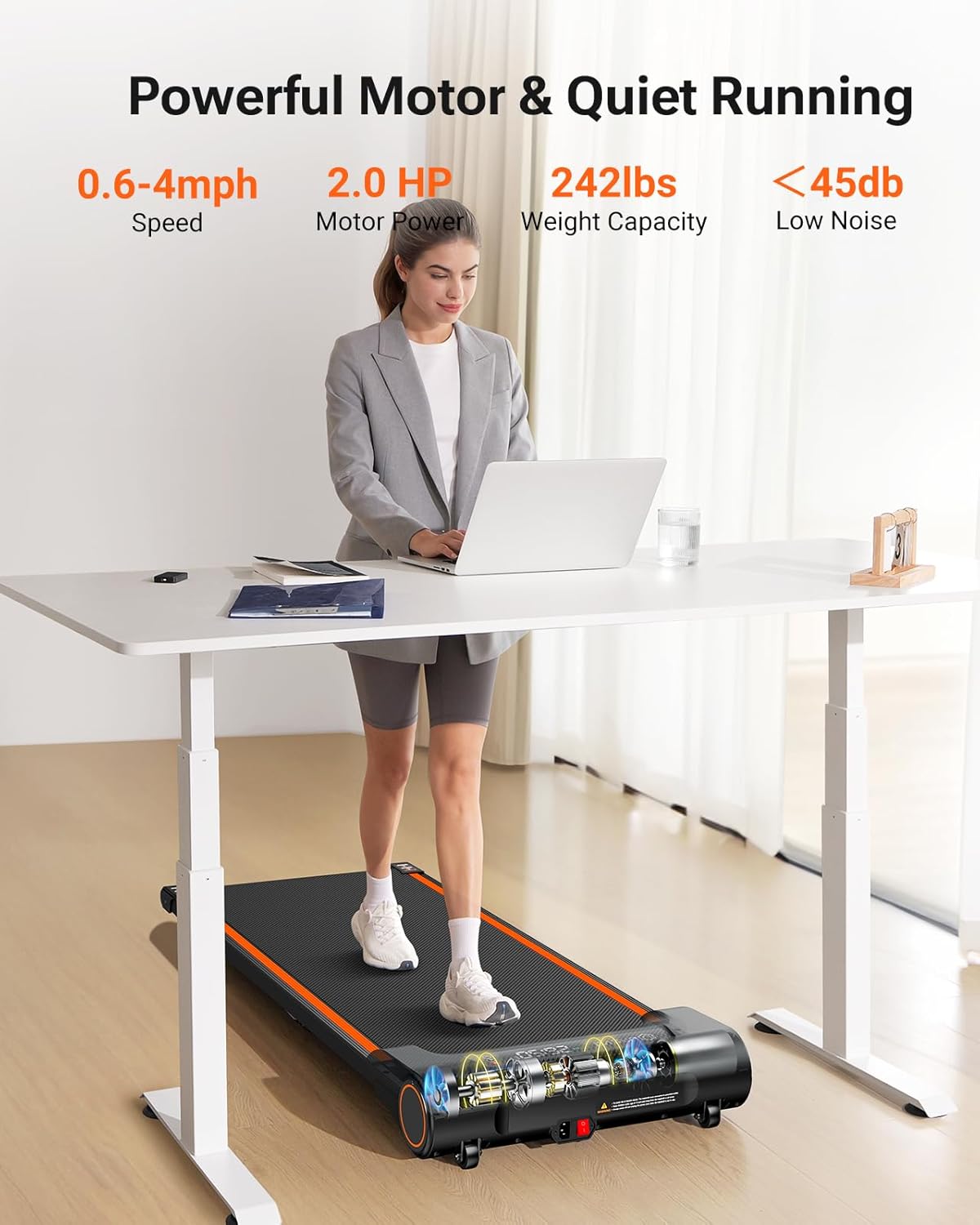 Under Desk Treadmill Walking Pad Portable 2.25HP Orange Z78705
