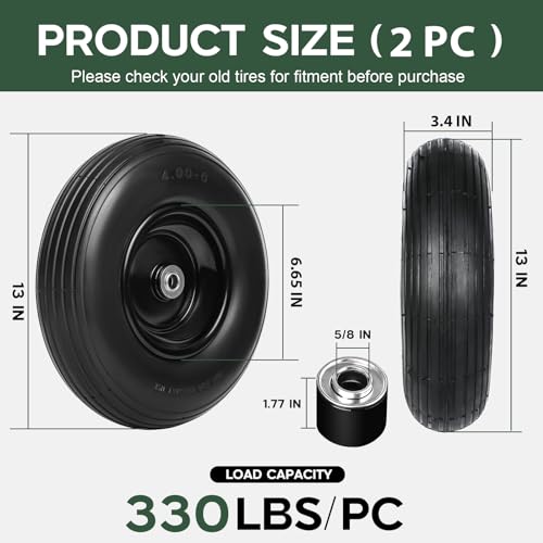 13 Inch Solid Flat Free Replacement Tires and Wheels 4.00-6 with 5/8'' Axle Bore Hole K9654