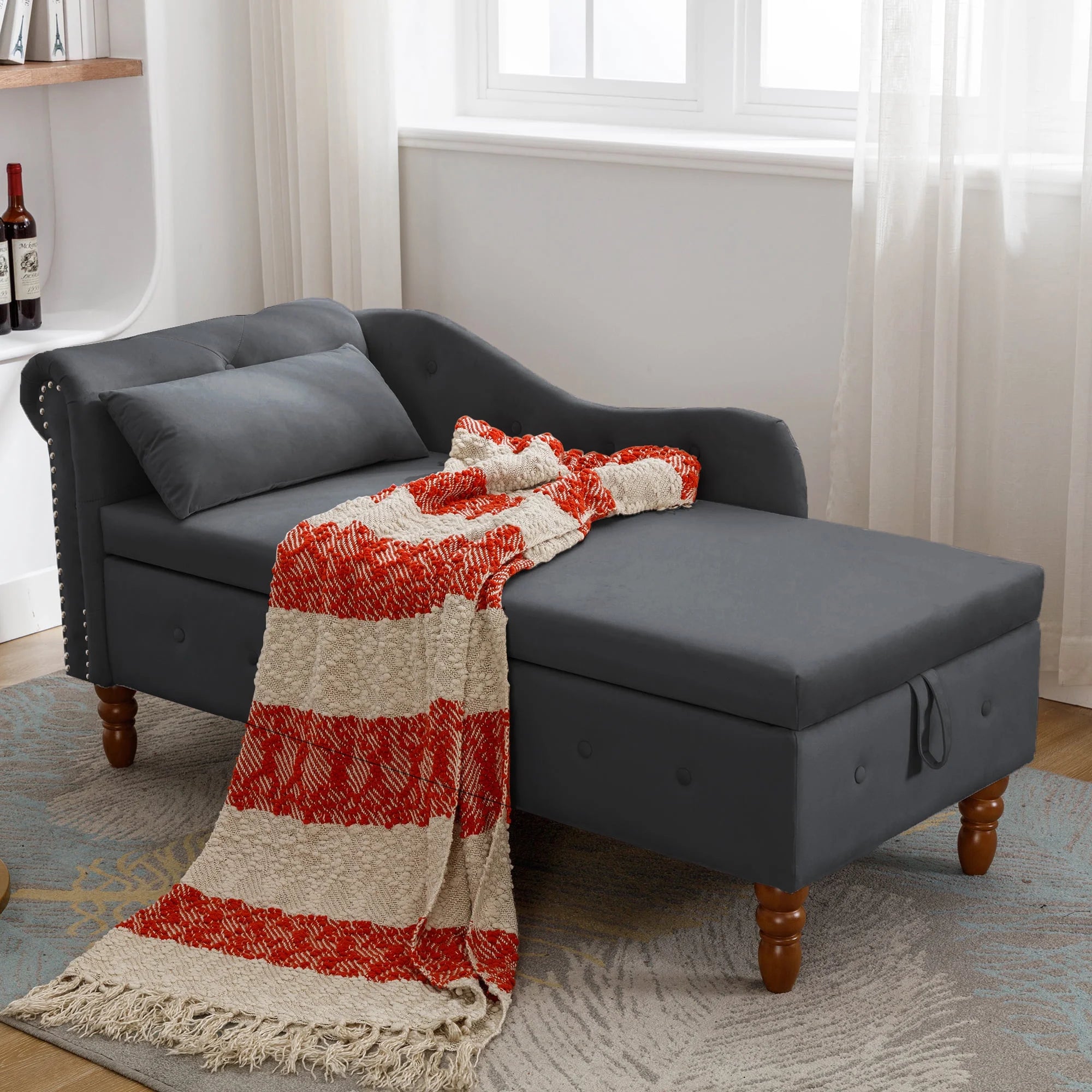 Black Velvet Chaise Lounge with Storage and Pillow C655