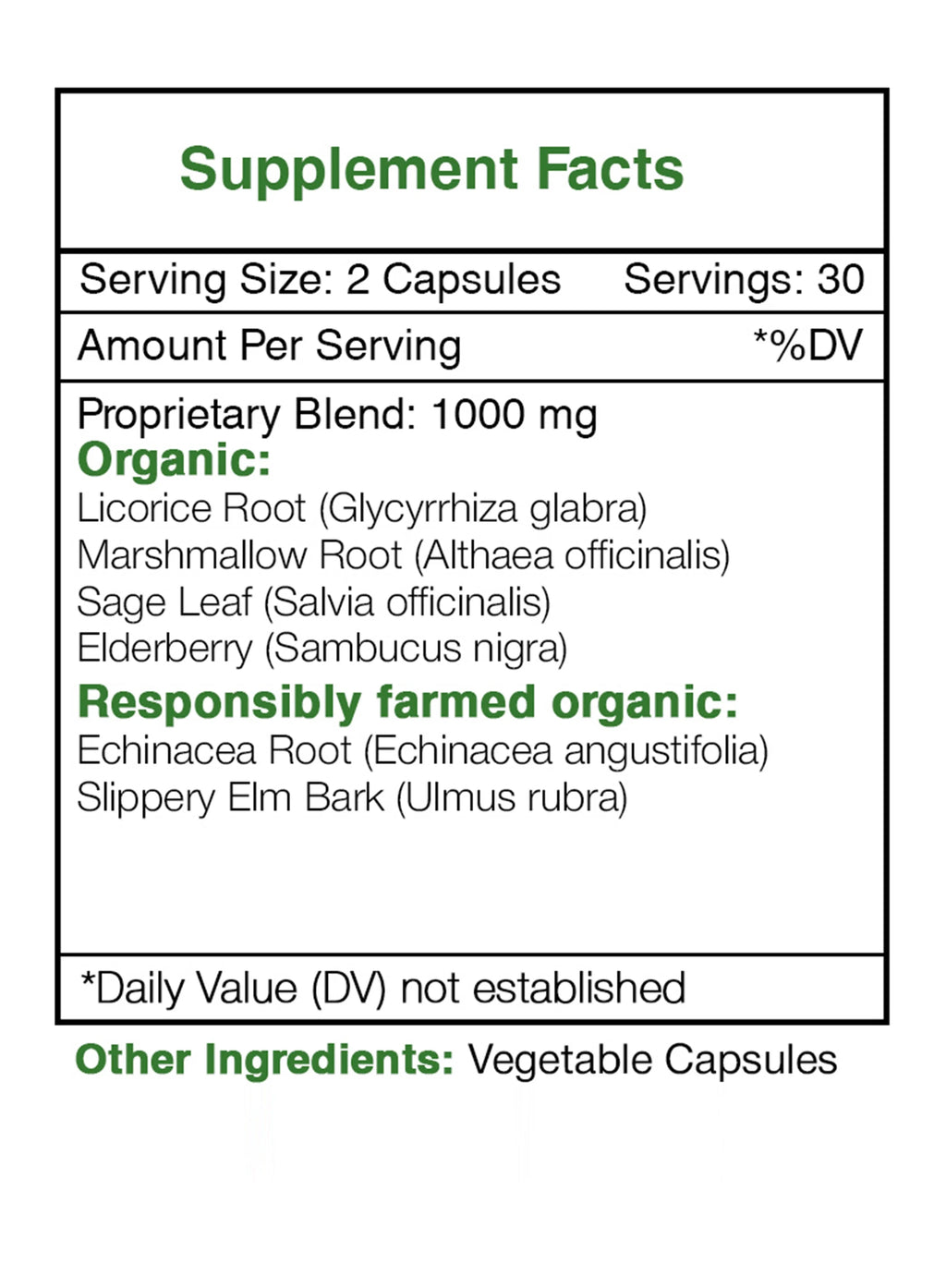 60 Capsules 500 mg Licorice Slippery Elm Marshmallow Sage Echinacea Elder Berry X581471