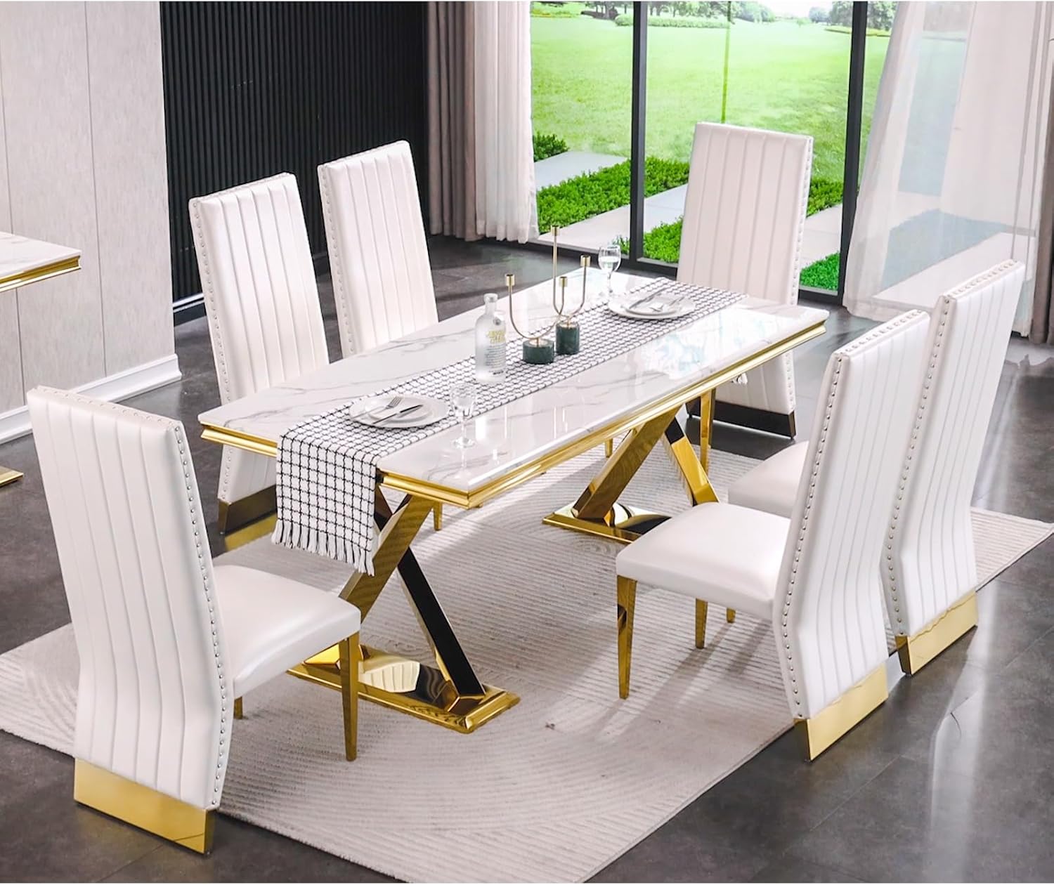 White and Gold 72" Dining Table with Double X-Base M510009
