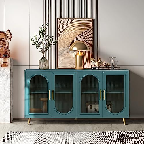 Navy Blue 4-Door Wood Storage Sideboard Cabinet with Gold Metal Legs C5592