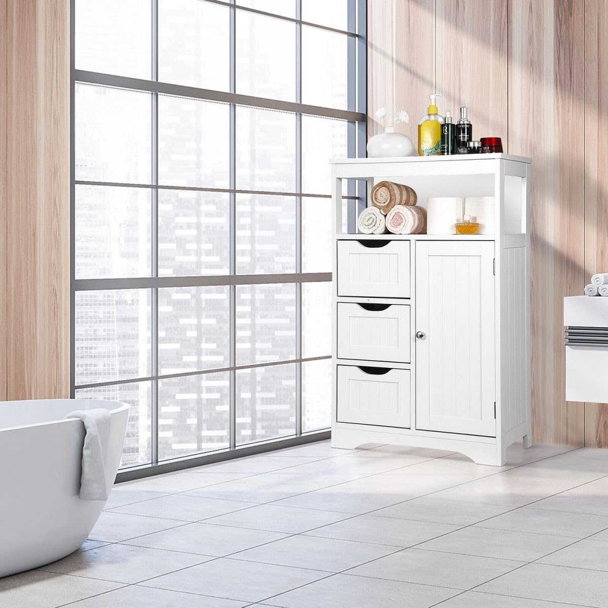 White Wooden Bathroom Floor Cabinet with 1 Door and 3 Drawers Q44508