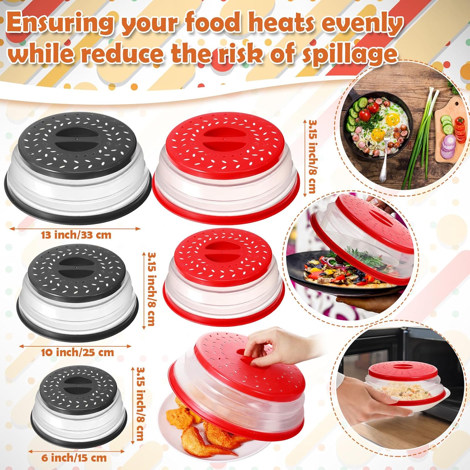 6 Pcs Collapsible Microwave Splatter Cover 3 Size Plastic BPA Free Silicone U3146