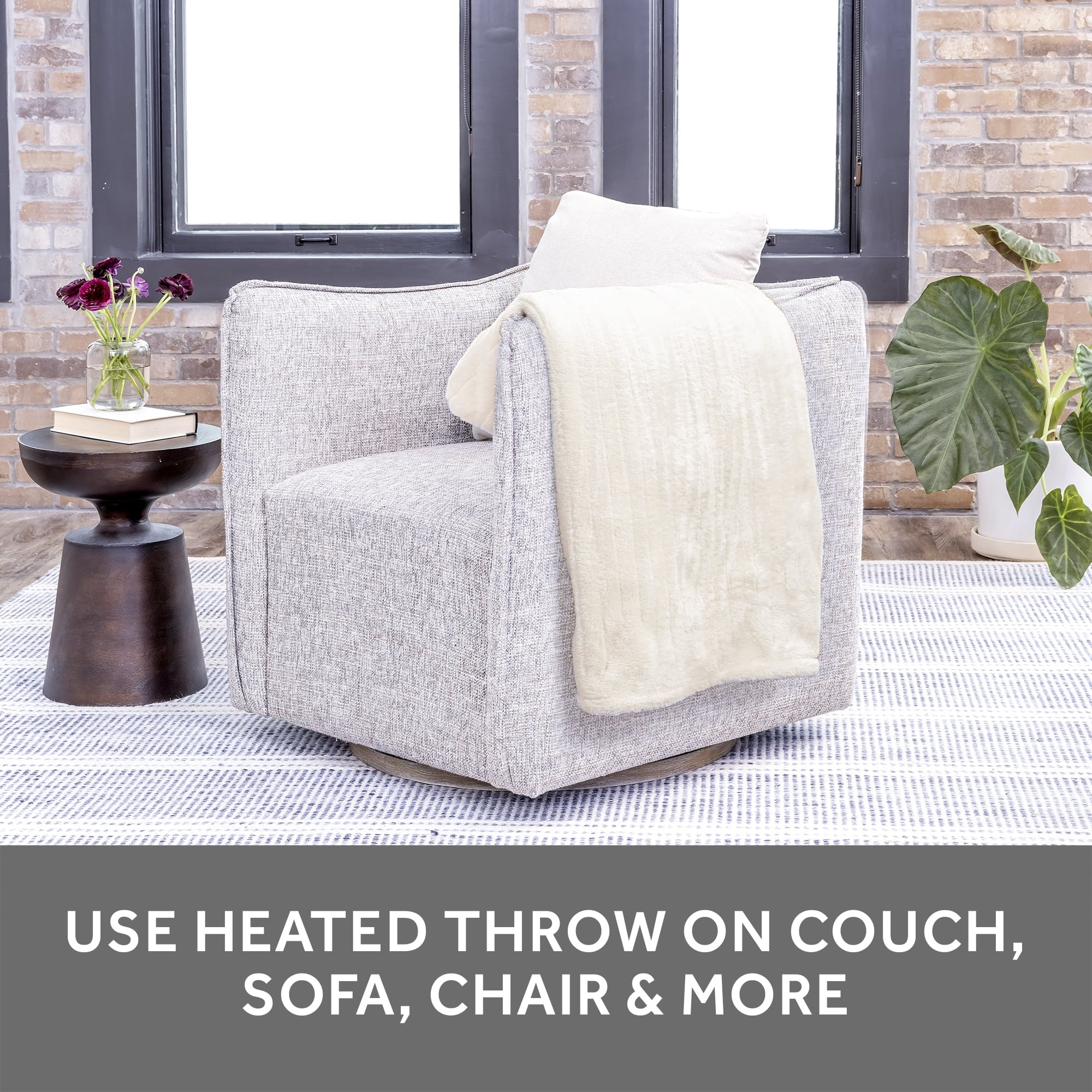 White Faux Fur Heated Electric Throw P924