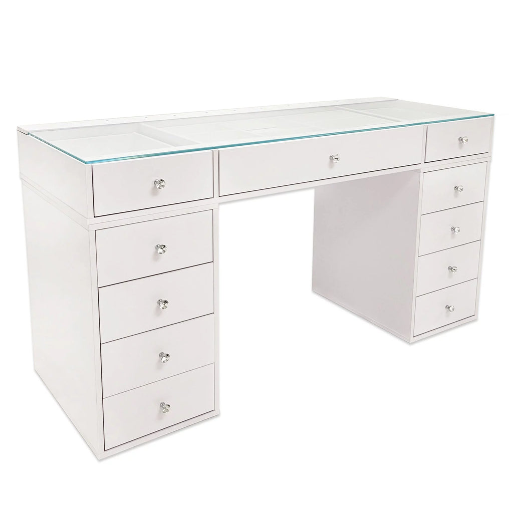White 10 Drawer Vanity Desk with Glass Tabletop I19889