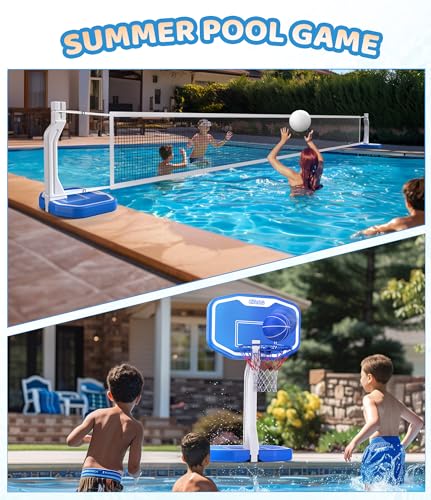 Swimming Pool Basketball & Volleyball Game Set with Hoop, Balls, Net, and Pump, BLUE W73837