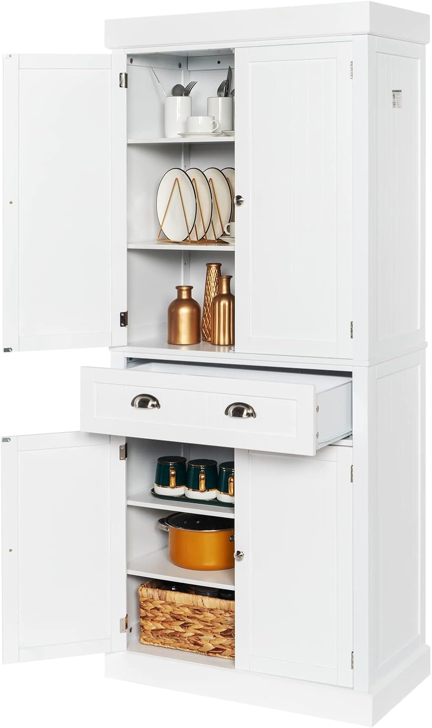 White 72" Tall Wood Pantry Cabinet with Doors and Shelves J689920