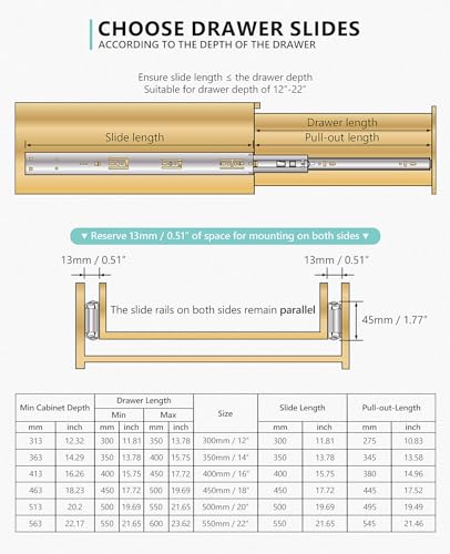 Soft Close Drawer Slides 22 inch Full Extension Ball Bearing Side Mount 100lb Load Capacity U2002