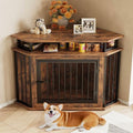 Rustic Brown Corner Wooden Dog Crate with 2-Tier Shelves A389397