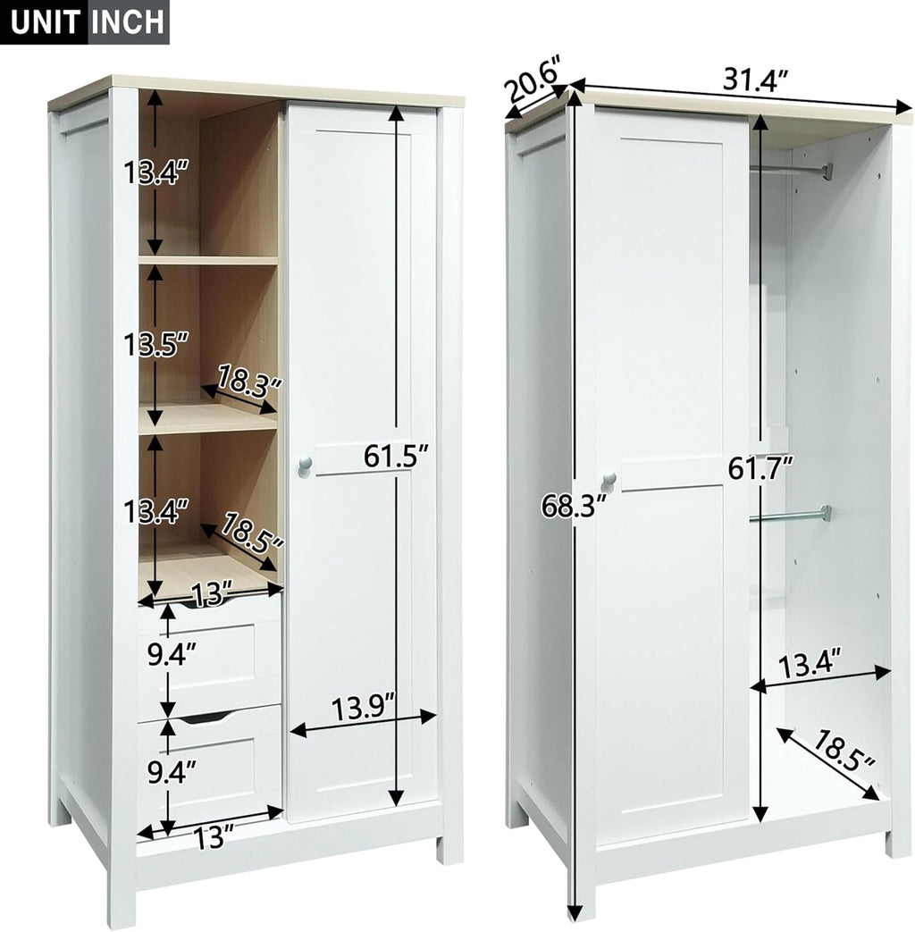 White Wooden Wardrobe Closet with 2 Drawers and Sliding Door W6757