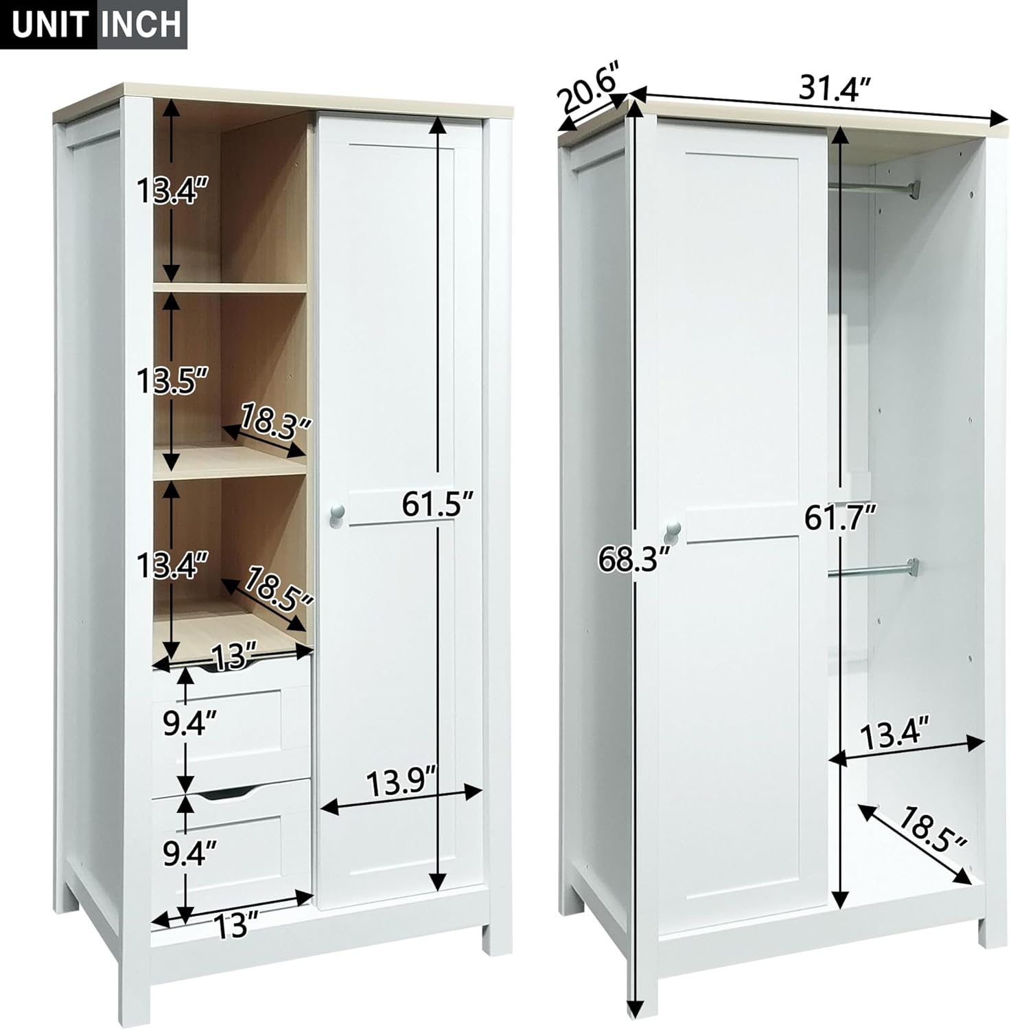 White Wooden Wardrobe Closet with 2 Drawers and Sliding Door W6757