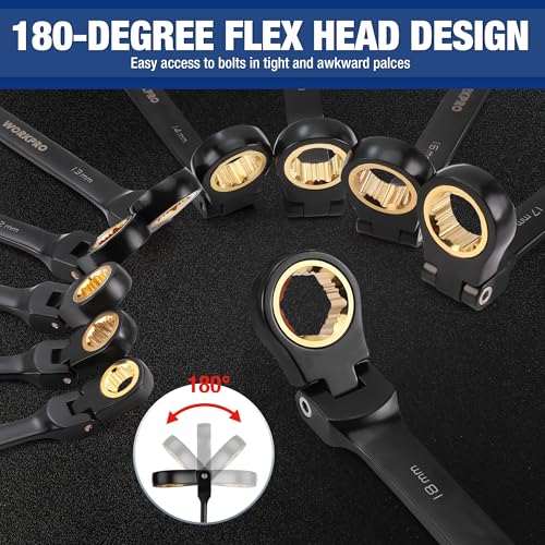 22-piece Ratcheting Wrench Set with 180° Flex Head, Anti-Slip Tooth, Metric 6-18mm & SAE 1/4-3/4", Black Electrophoretic Coating H14682