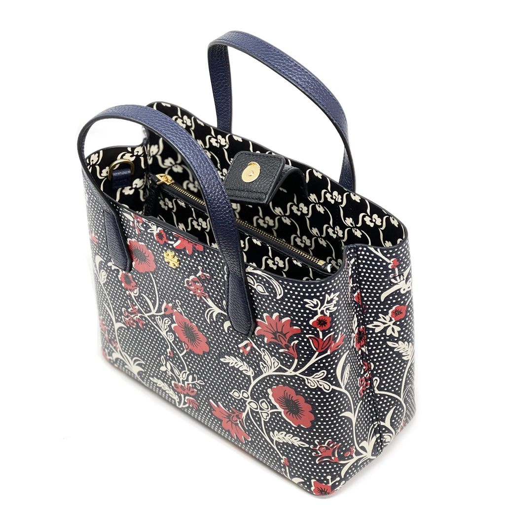 Navy Red Pebbled Leather Small Tote R5401