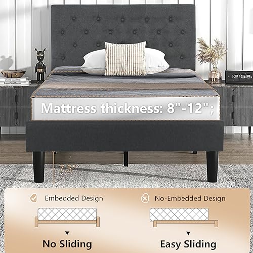 Grey Twin Size Upholstered Platform Bed Frame with Headboard F7953