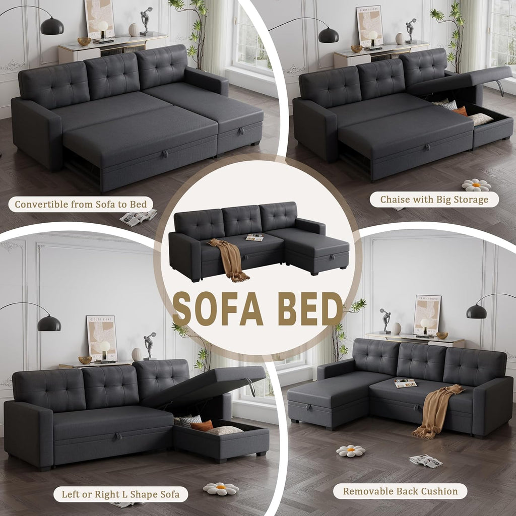 Dark Gray Linen Upholstered 3 Seater Pull Out Sofa Bed with Storage Chaise P77352