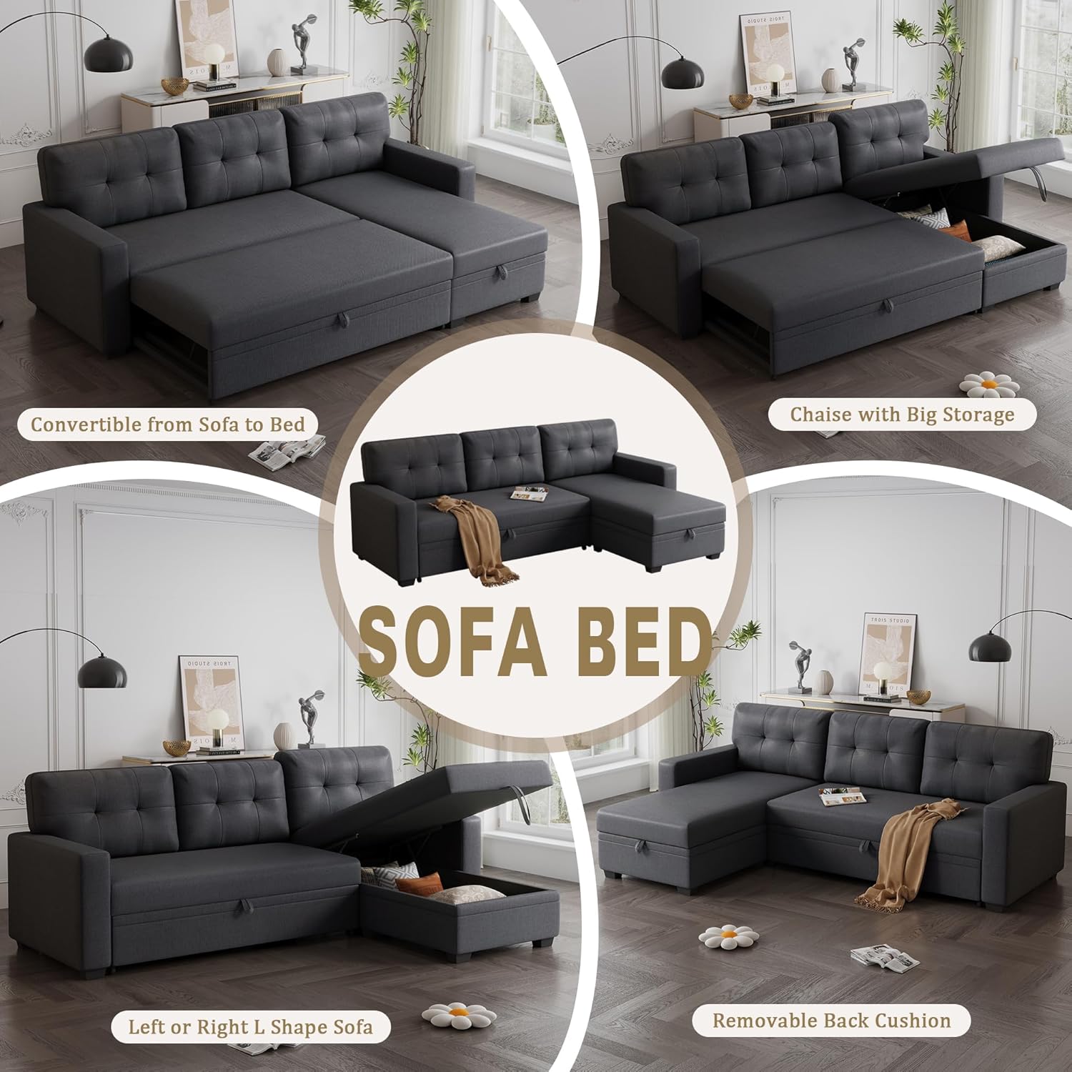 Dark Gray Linen Upholstered 3 Seater Pull Out Sofa Bed with Storage Chaise P77352