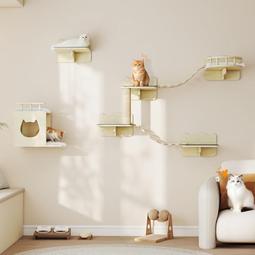 Cat Wall Shelves Set of 5 Wooden Shelves with Scratching Post H9199