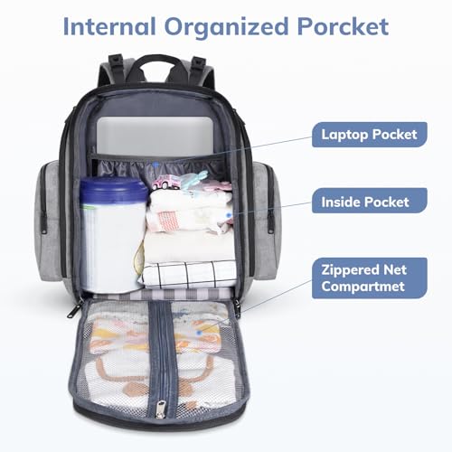 Grey Waterproof Diaper Bag Backpack with 4 Insulated Pockets and Stroller Straps M800373