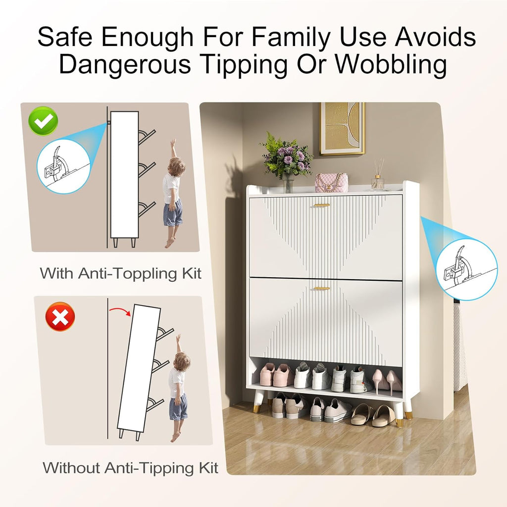 White Slim Shoe Storage Cabinet with Drawer U2946