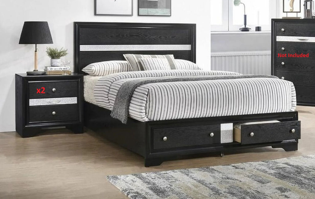 3pc Queen Storage Bed Drawers Panel Bed Nightstand Set Black Wooden V2889