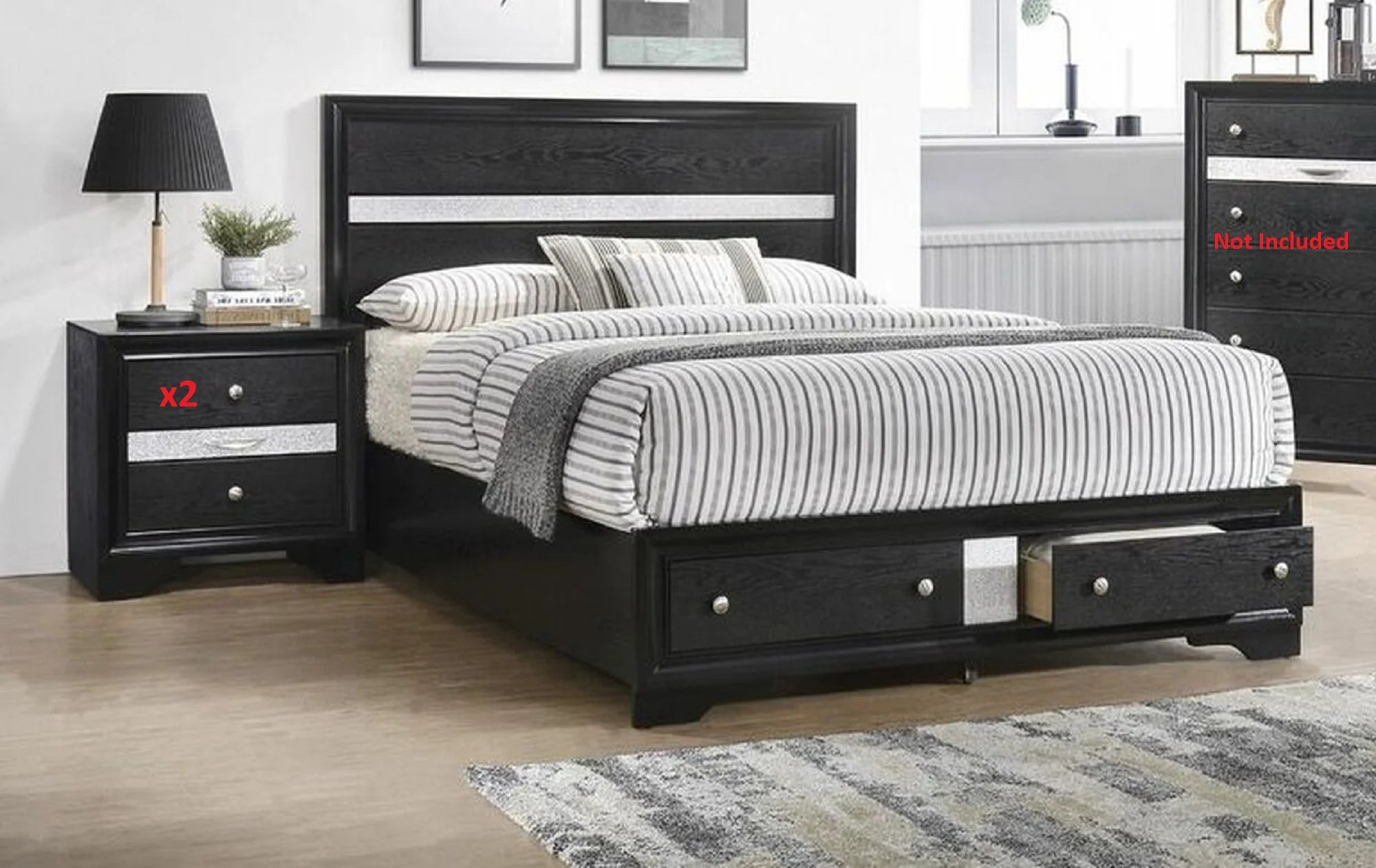 3pc Queen Storage Bed Drawers Panel Bed Nightstand Set Black Wooden V2889