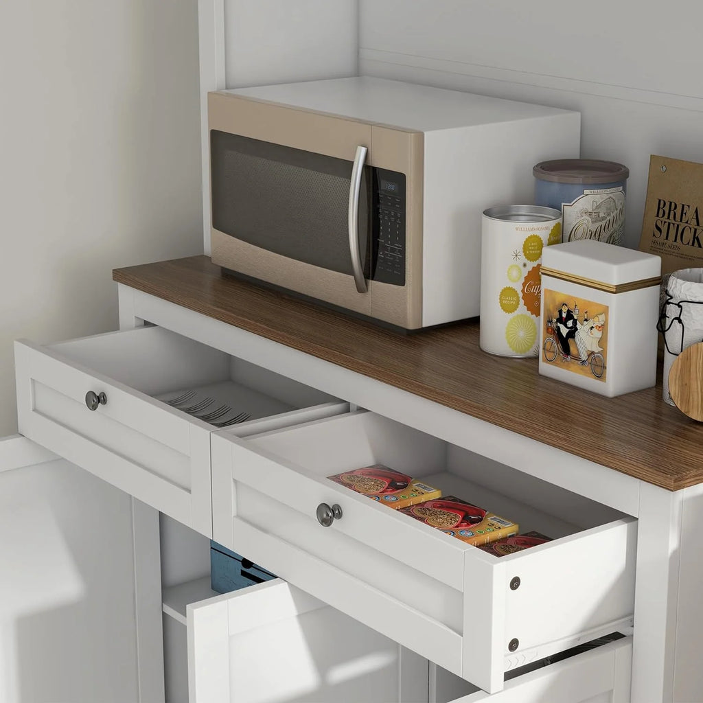 White Tall Kitchen Pantry Storage Cabinet with Microwave Stand, 2 Drawers, 5 Doors, Adjustable Shelves and Glass Doors P311449