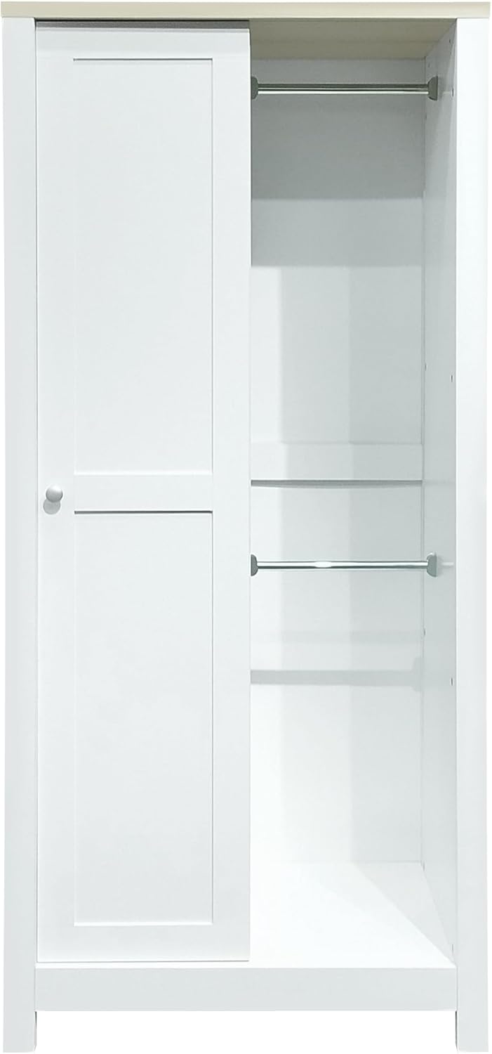 White Wooden Wardrobe Closet with 2 Drawers and Sliding Door W6757