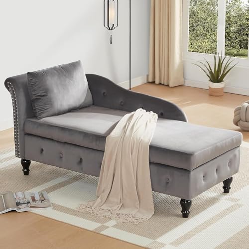 Dark Gray Velvet Chaise Lounge with Lumbar Pillow U2861