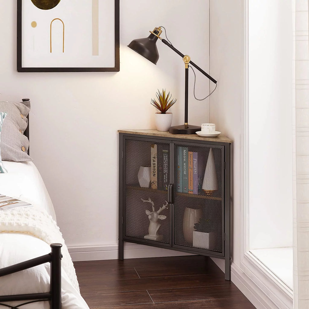 Brown and Black Corner Cabinet with Two Doors and Shelves Y65455