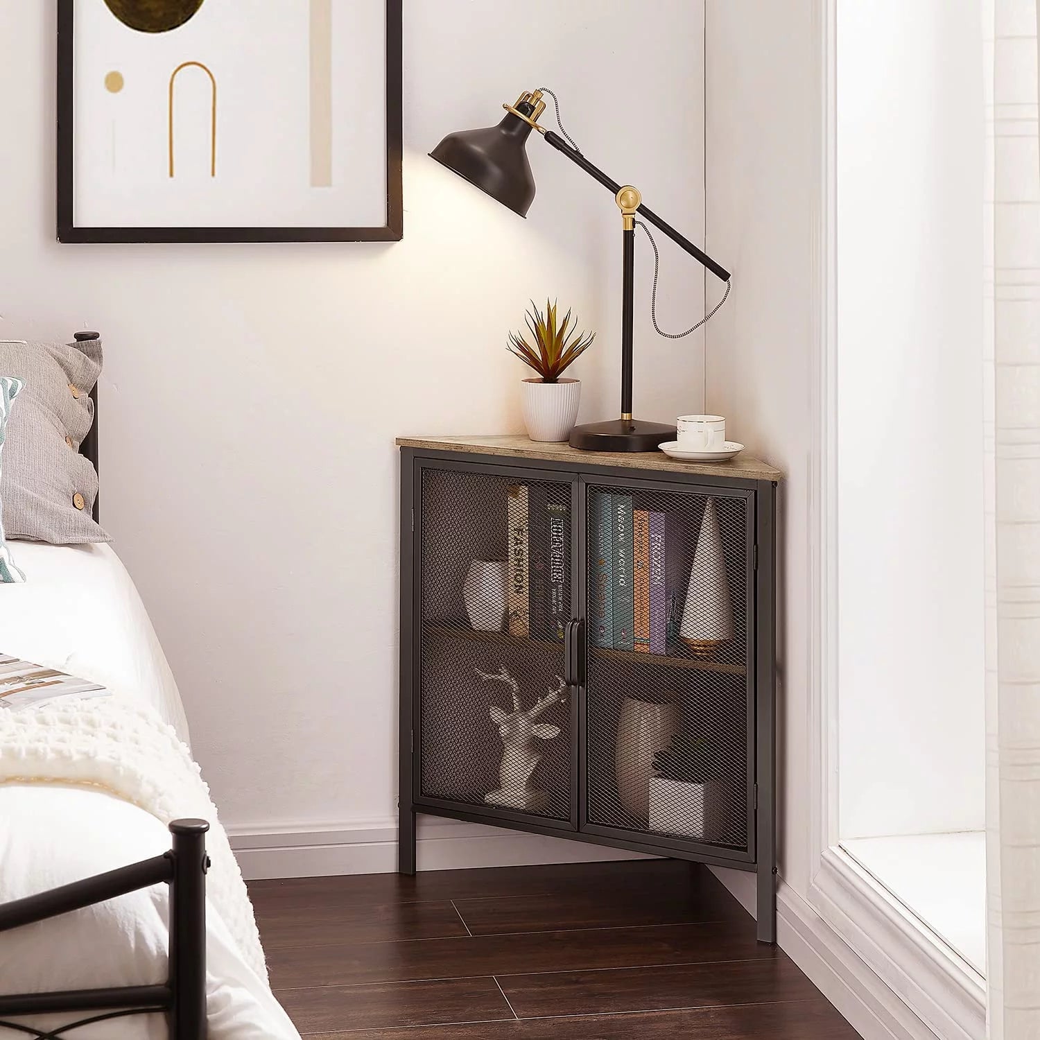 Brown and Black Corner Cabinet with Two Doors and Shelves Y65455