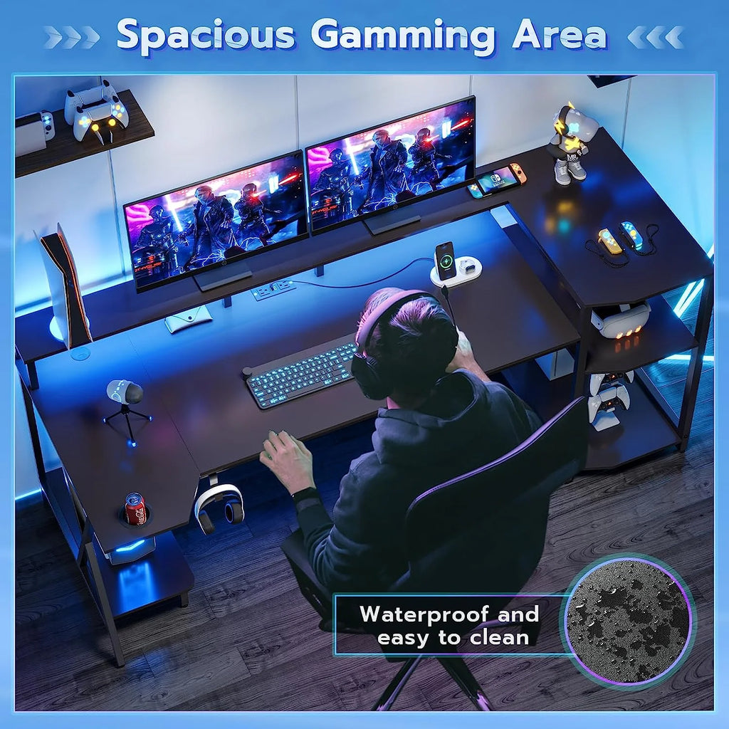 Black Computer Desk with LED Lights and Storage Shelves V94808