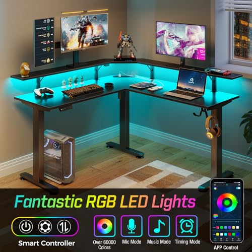 Black Electric Height Adjustable L Shaped Desk with LED Light and Power Outlet W539