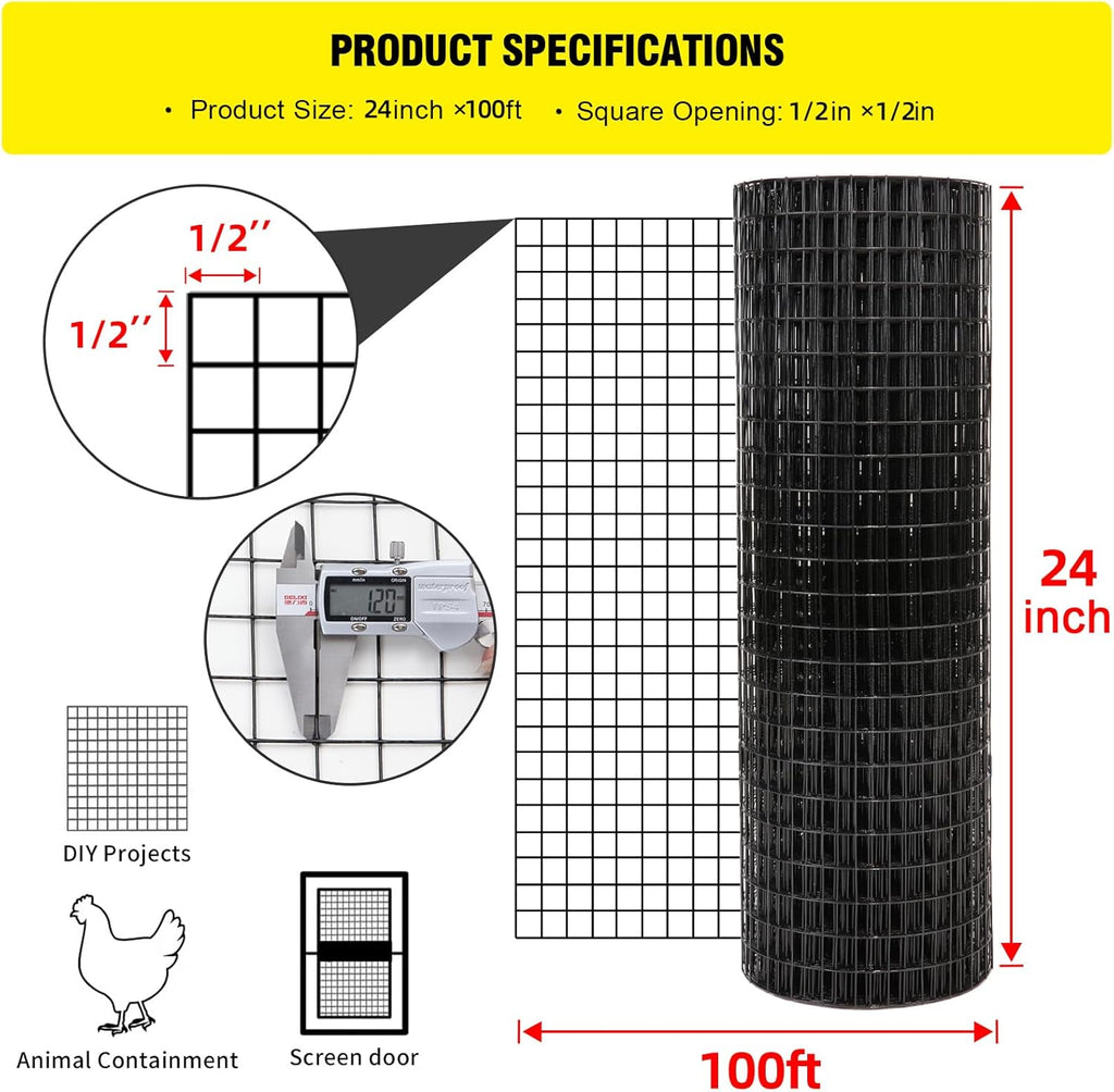 24'' x 100' 1/2inch 16 Gauge Black Vinyl Coated Welded Fence Mesh G280095