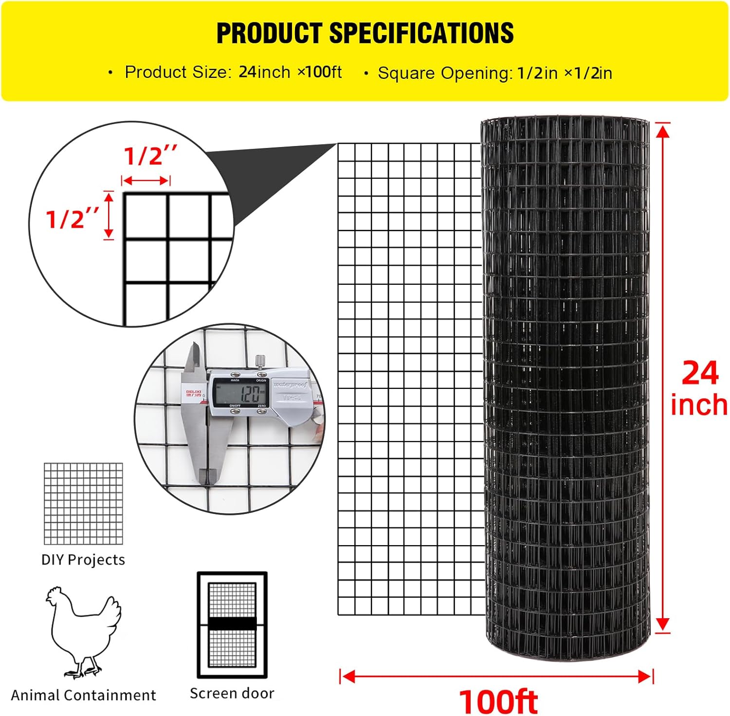 24'' x 100' 1/2inch 16 Gauge Black Vinyl Coated Welded Fence Mesh G280095