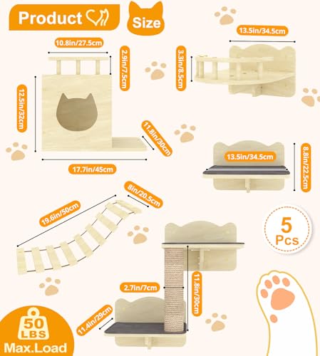 Cat Wall Shelves Set of 5 Wooden Shelves with Scratching Post H9199